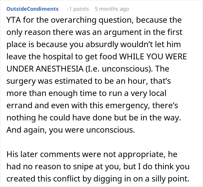 Reddit user discusses husband leaving wife during her surgery, emphasizing defensiveness.