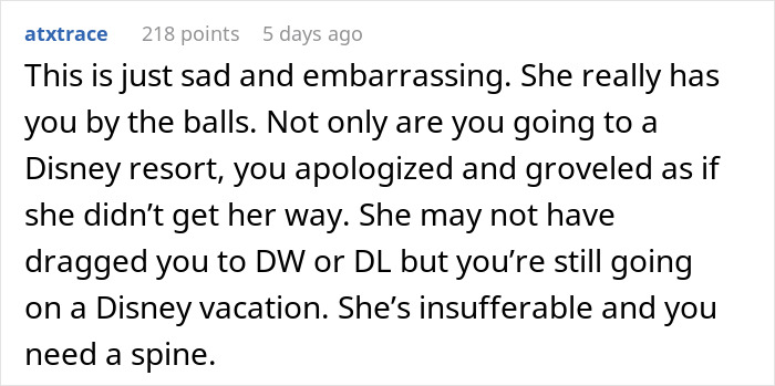 Text from a Reddit user expressing frustration over frequent Disney trips instead of going to Hawaii.