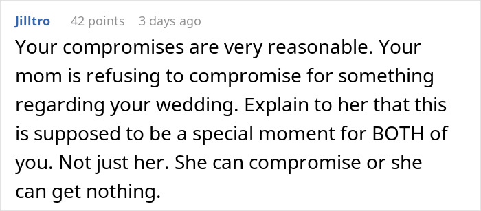 Text from a user discussing wedding compromise issues with a mom over a sentimental song choice.