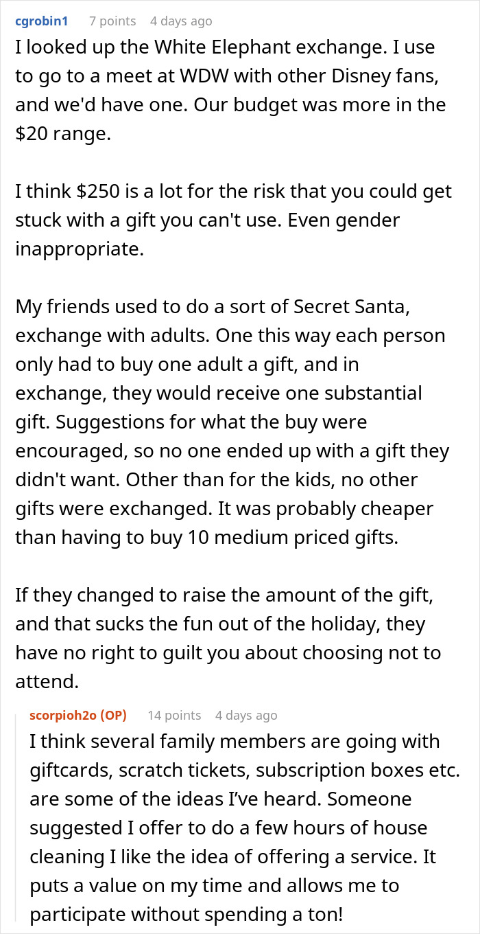 Text discussing White Elephant gift exchange and high price concerns.