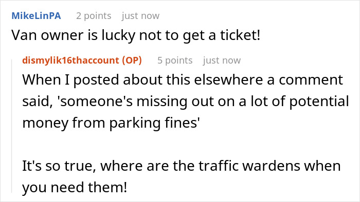 Reddit comments discussing illegal parking, the luck of avoiding fines, and the absence of traffic wardens.