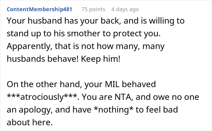 Reddit comment discussing MIL's behavior and miscarriage revelation at Thanksgiving.