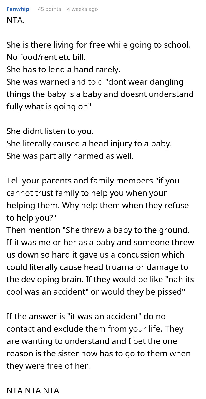 Text about refusing to pay for a sister's college due to a toddler's concussion caused by her negligence.