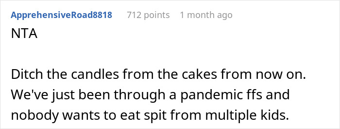 Comment about not letting kids blow out candles at parties due to hygiene concerns post-pandemic.