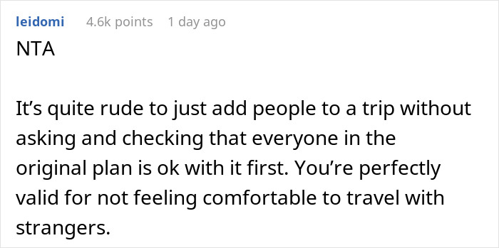 Reddit comment discussing travel plans and adding strangers without consent.