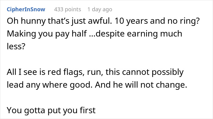 Comment discussing relationship issues and financial inequality, highlighting concerns over a 50/50 bill split.