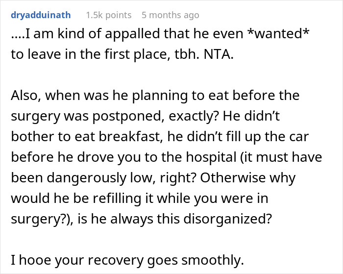 Reddit comment criticizing husband for leaving wife during surgery, questioning his disorganization.