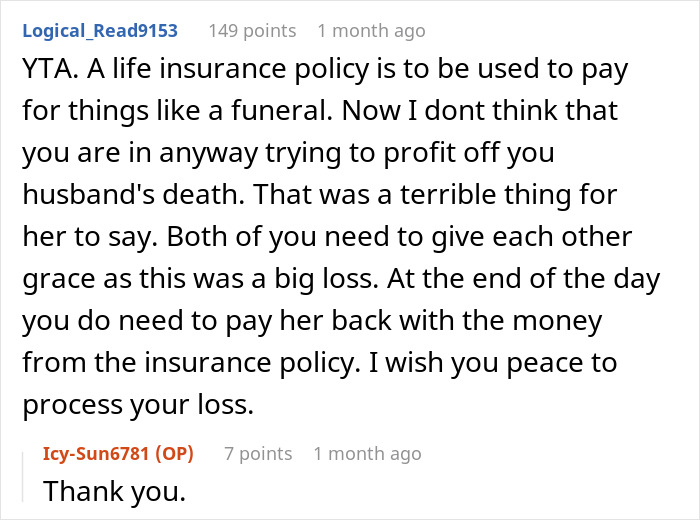 Reddit comments discussing funeral costs and life insurance repayment after a loss.