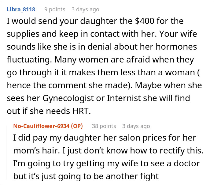 Comment thread discussing family conflict and wedding day disputes about hair demands.