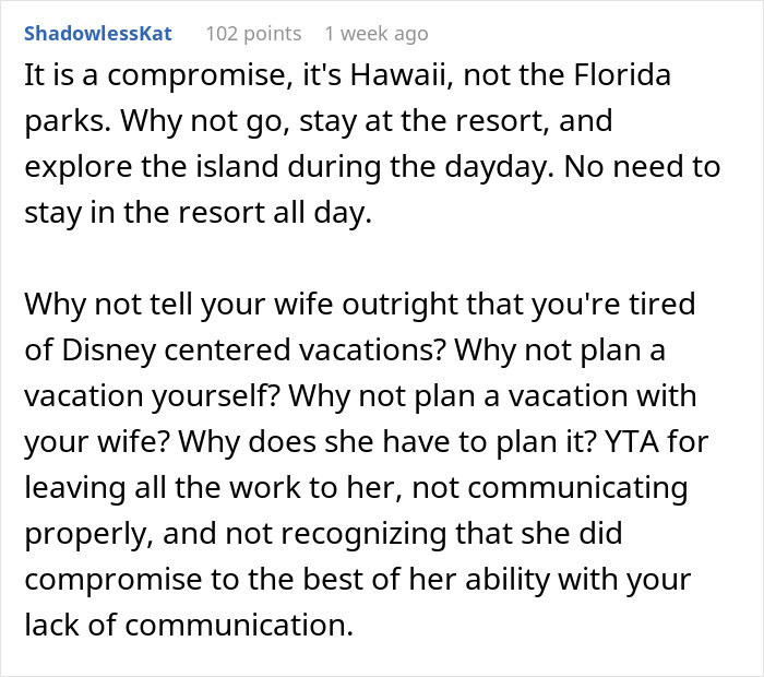 Text discussing a vacation compromise, suggesting Hawaii over Disney trips, and communication issues in planning.