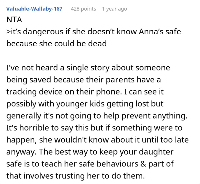 Text discussing the effectiveness of using a phone tracking device for daughters' safety.