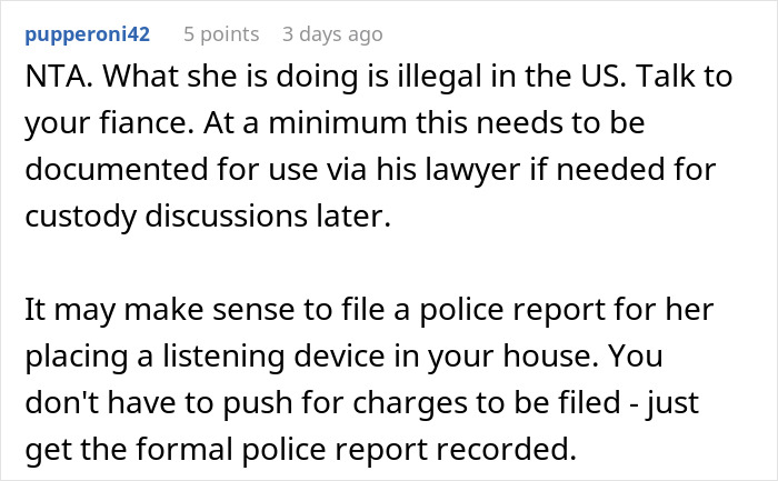 Text comment discussing legal advice about spying and documenting actions for custody discussions.