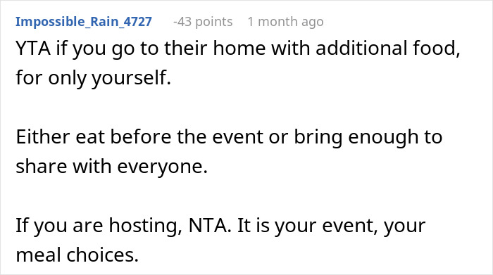 Reddit comment discussing whether bringing personal food to a gathering is appropriate.