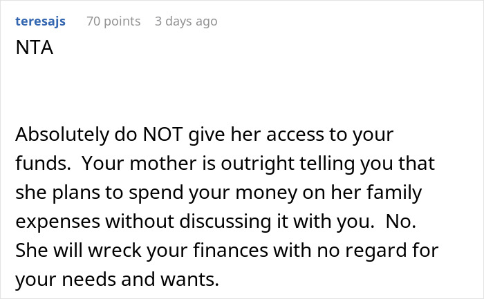 Text warning about a mother planning to use money for family expenses without consent.