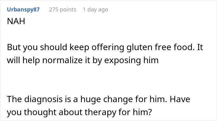 Reddit comment advising to offer gluten-free food for a son's wheat allergy.