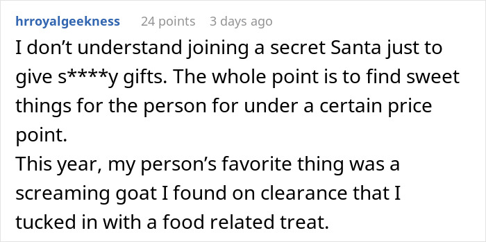 Text about a Secret Santa gift choice involving a clearance item and <a href=