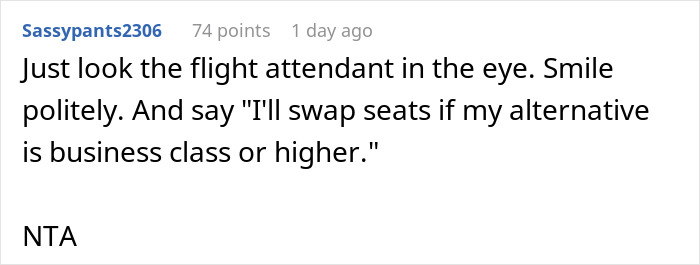 Reddit comment on refusing to switch seats with a potentially dishonest passenger on a flight.