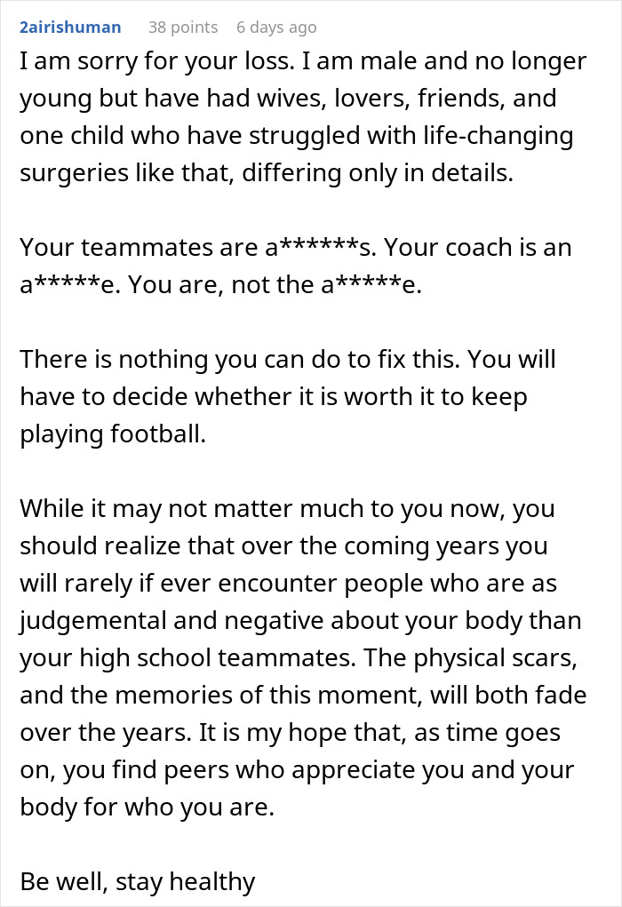 Reddit comment about a coach making a teen uncomfortable, discussing body judgment and future acceptance.