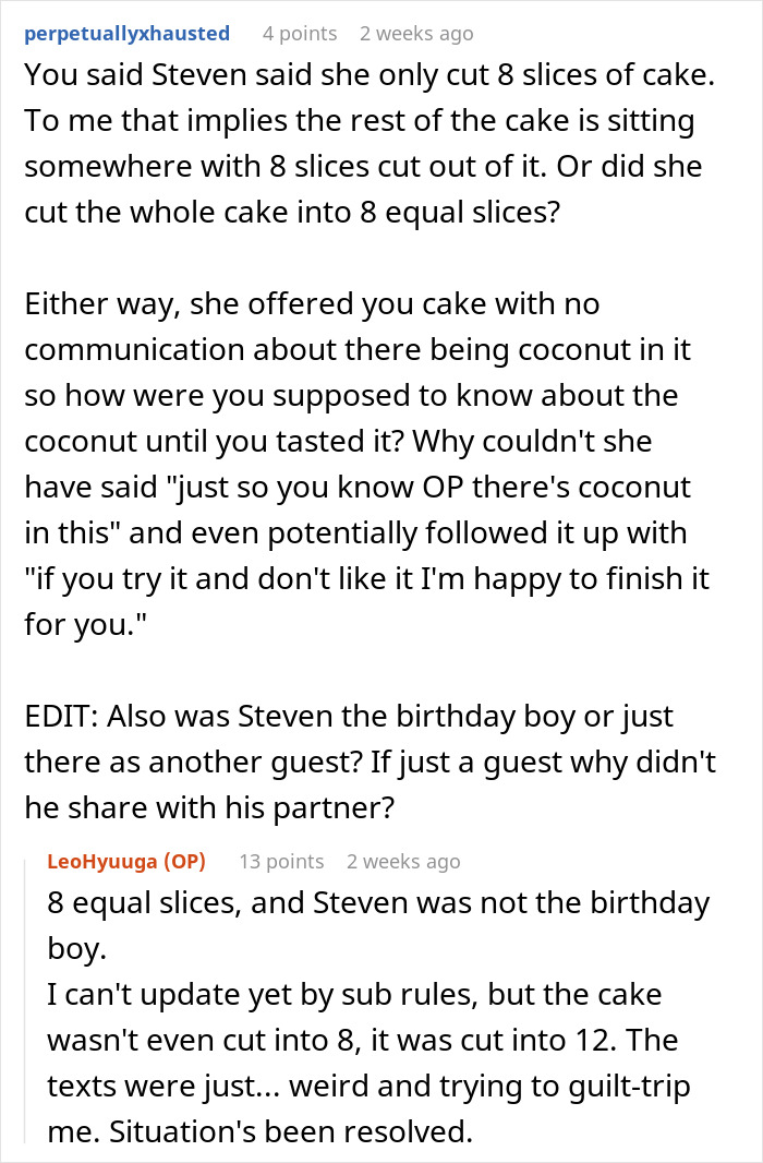 Text conversation about cake slices at a friend's birthday party.