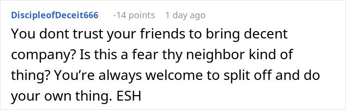 Comment discussing trust issues in a travel group planning a Japan trip, questioning decisions, and ending with “ESH”.