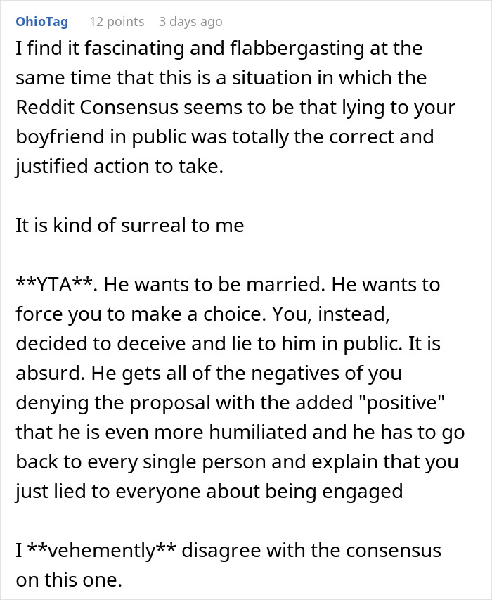 Reddit user comments on public proposal rejection and private acceptance, discussing relationship dynamics and honesty.