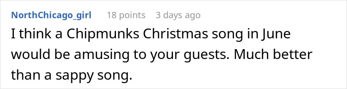 Reddit comment suggesting a Christmas song for a summer wedding, humor about choosing unique music.