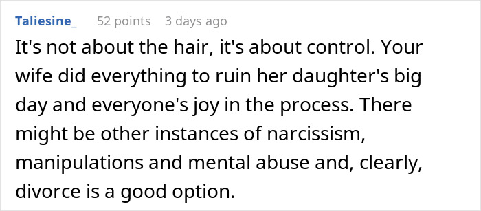 Text discussing a woman's control issues affecting her daughter's wedding and a suggested divorce as a solution.