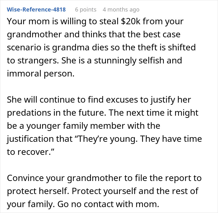 Text conversation about grandma uncovering nearly $20,000 fraud by her daughter, advised to file a report.