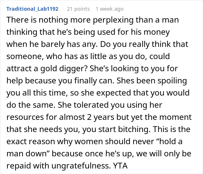 Reddit comment criticizing men's lack of self-awareness and discussing relationship dynamics.