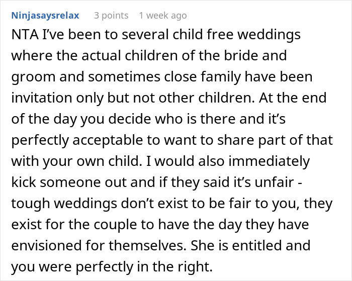 Text discussing child-free weddings and the debate on including the bride's child.