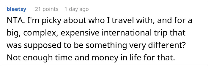 Comment discussing canceled Japan trip, focusing on travel preferences and the complexity of international travel plans.