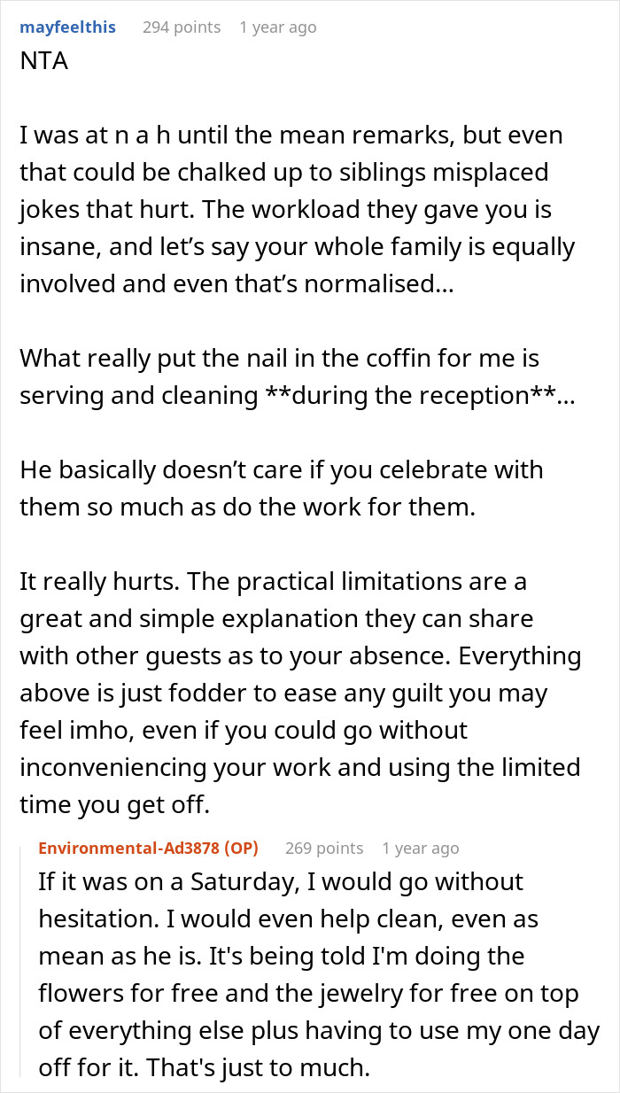 Reddit discussion about a family\'s audacity to burden a woman with excessive wedding chores.