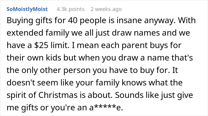 Text discussing the challenges of buying Christmas gifts for 40 relatives and suggesting a name-drawing gift exchange.