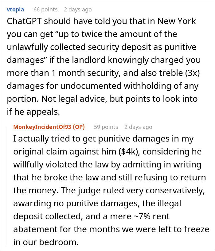 ChatGPT assists tenant in legal dispute over landlord's unlawful security deposit charges in court conversation.