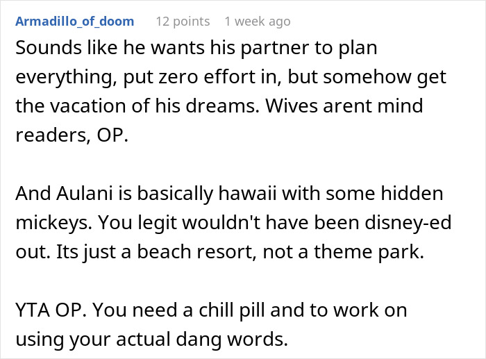 Reddit comment discussing a man's suggestion for Hawaii after repeated Disney trips and a wife's frustration.