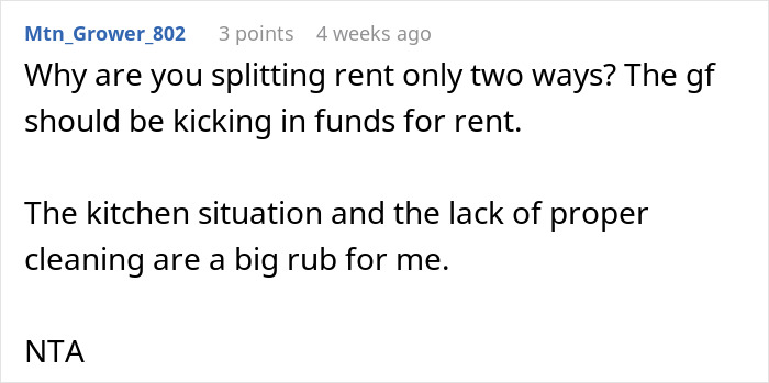 Comment discussing rent and cleaning issues in awkward living situation with girlfriend.