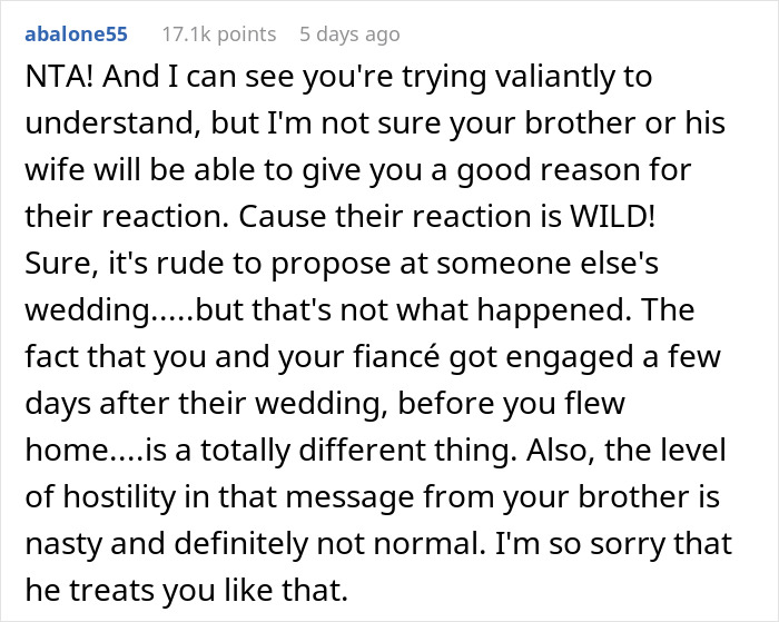 Text discussing etiquette on engagements and weddings, mentioning hostility from a brother.