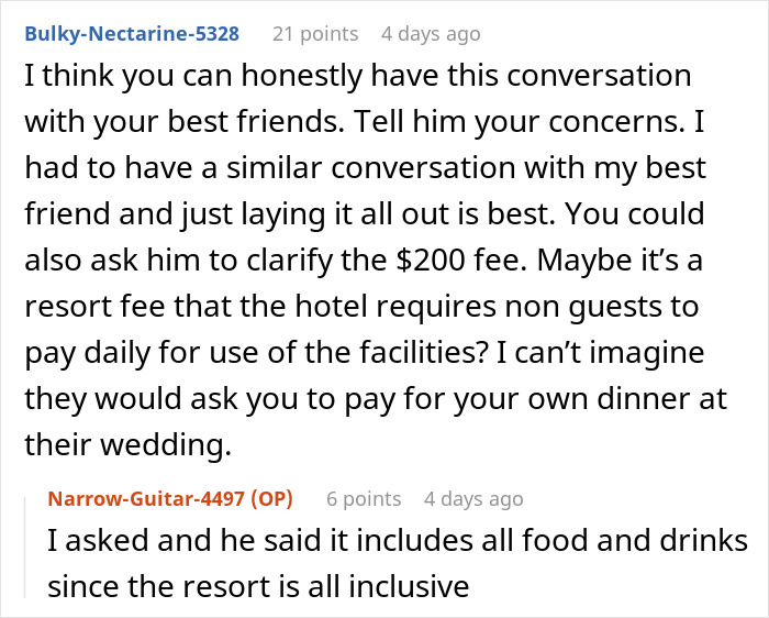 Reddit comment exchange about groomsman concerns over affording a destination wedding fee.