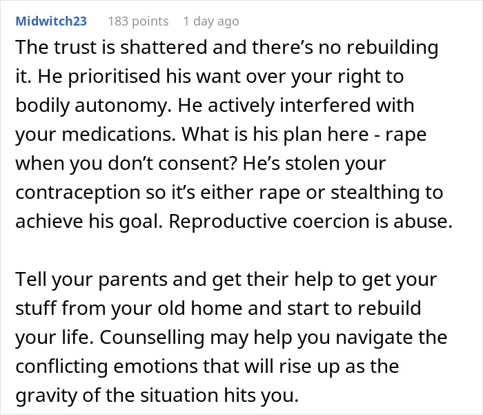 Text discussing reproductive coercion and advice on dealing with a boyfriend hiding birth control pills.