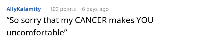 "Text message reading 'So sorry that my CANCER makes YOU uncomfortable,' with username AllyKalamity and points displayed.