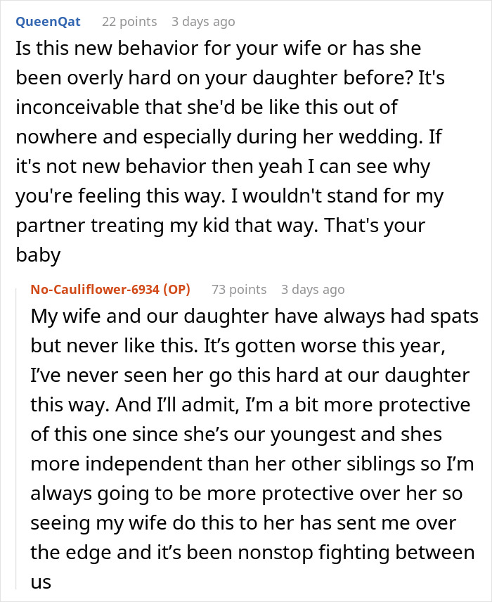 Reddit post discussing family conflict over daughter's wedding, with focus on wedding day demands and marriage tension.