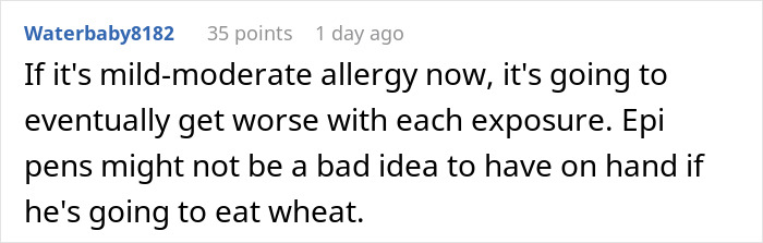 Comment discussing worsening wheat allergy and potential need for EpiPens if exposure continues.