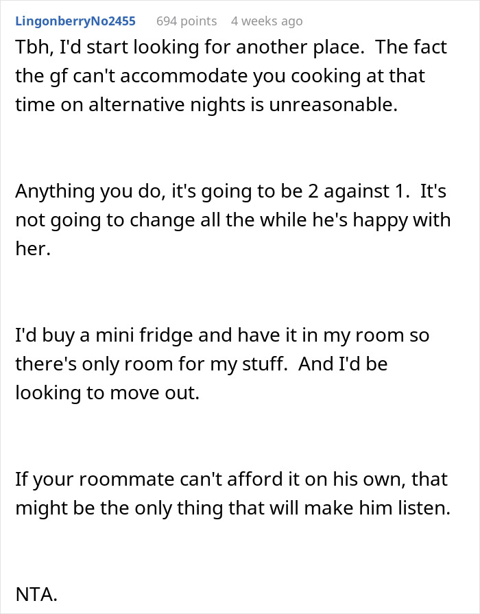 Comment advises moving due to awkward living situation after girlfriend moves in.