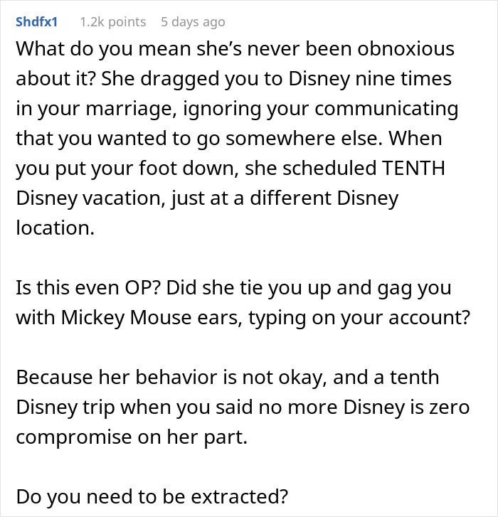 Comment discussing a man's frustration with his wife planning another Disney vacation after multiple trips, suggesting Hawaii.