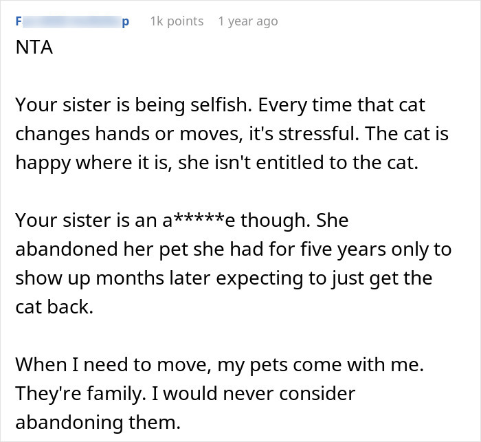 Text expressing opinion on a woman rehoming her cat and wanting it back.