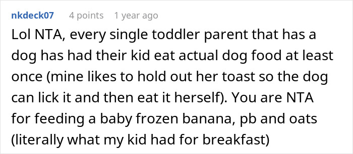 A comment humorously describes a toddler feeding a dog and mentions giving babies frozen banana snacks.