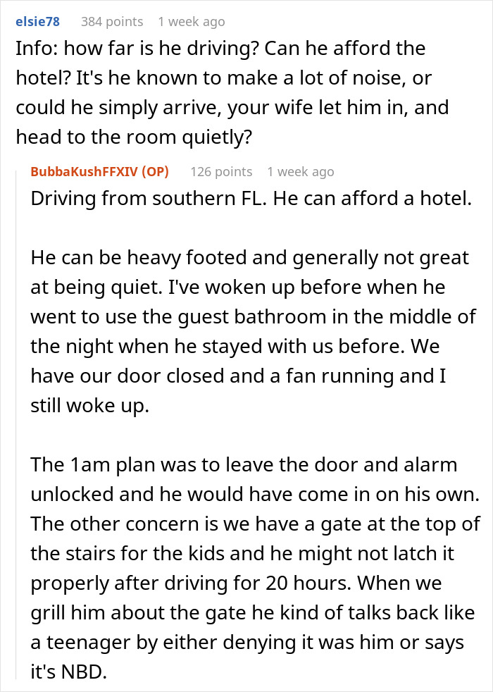 Reddit thread discussing a couple's fight over father-in-law’s arrival time during the holiday season.