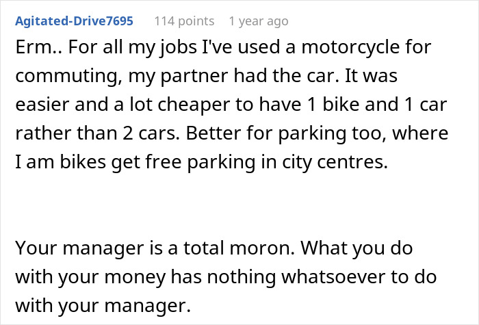 Text exchange discussing motorcycle commuting and criticizing a manager's decision to cut employee hours.