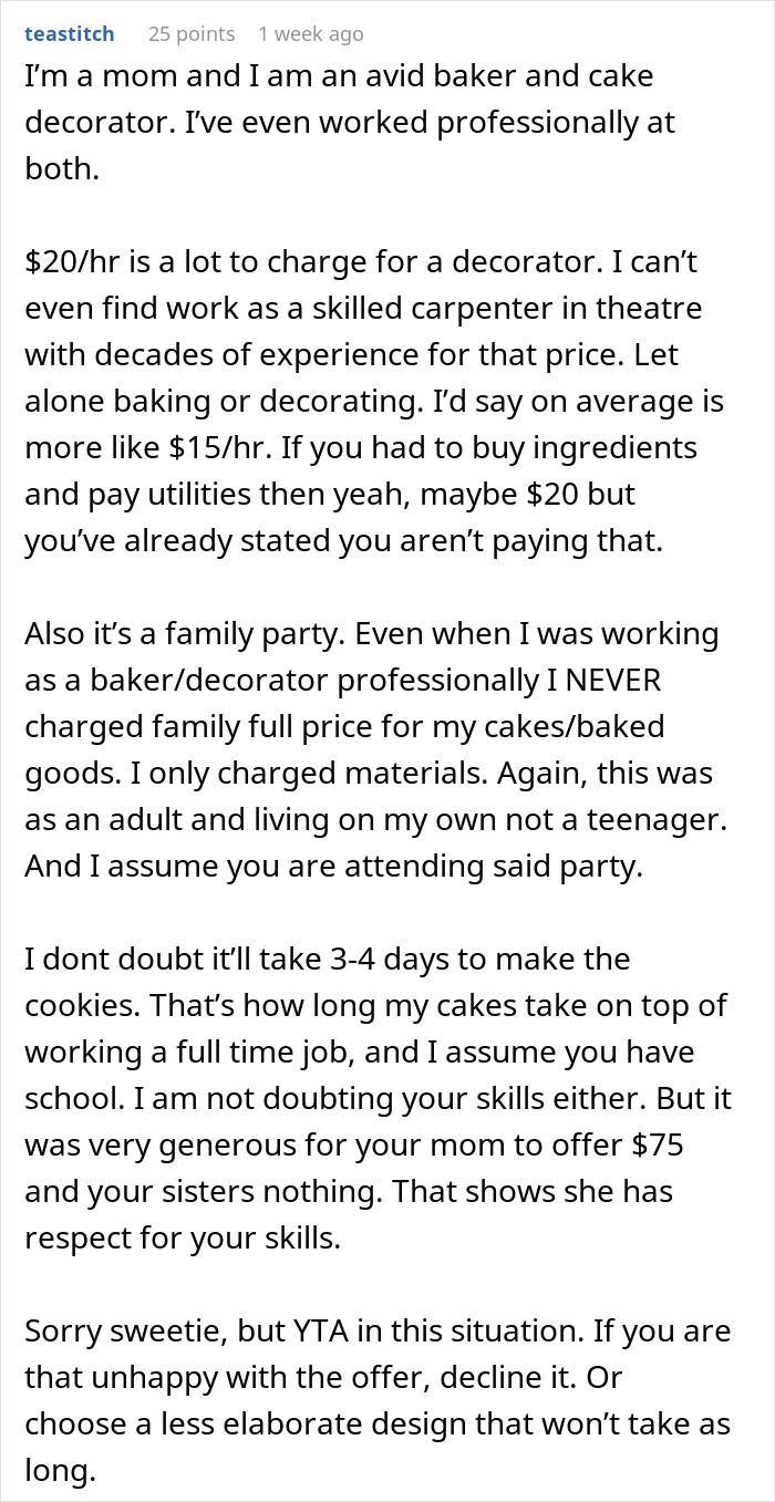 Text from a mom discussing charges for her daughter's Christmas cookies and baking experience.