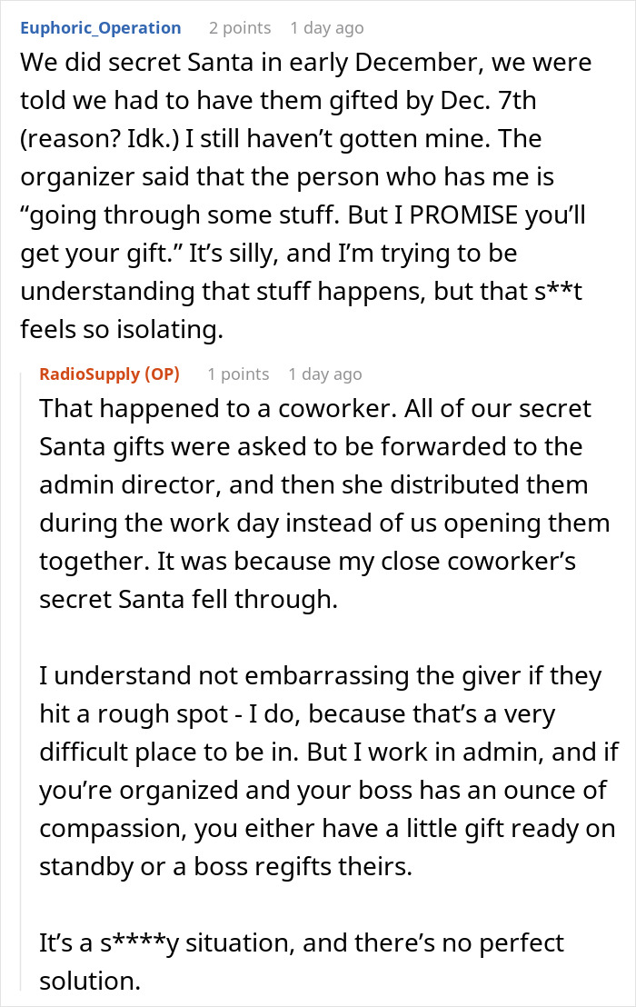 Reddit post discussing a Secret Santa gift swap mishap involving a boss and HR.